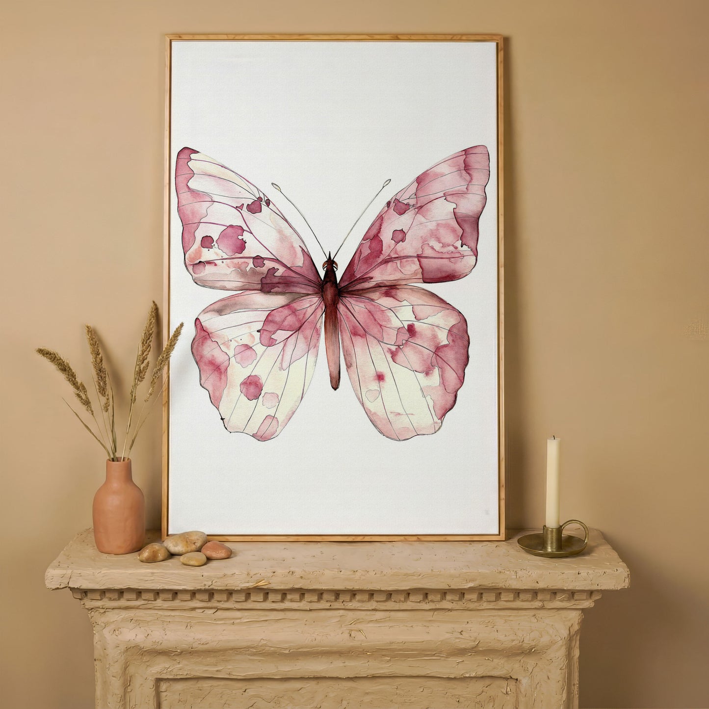 Butterfly Watercolor Canvas in Rose Quartz and Off-White in white oak floating frame