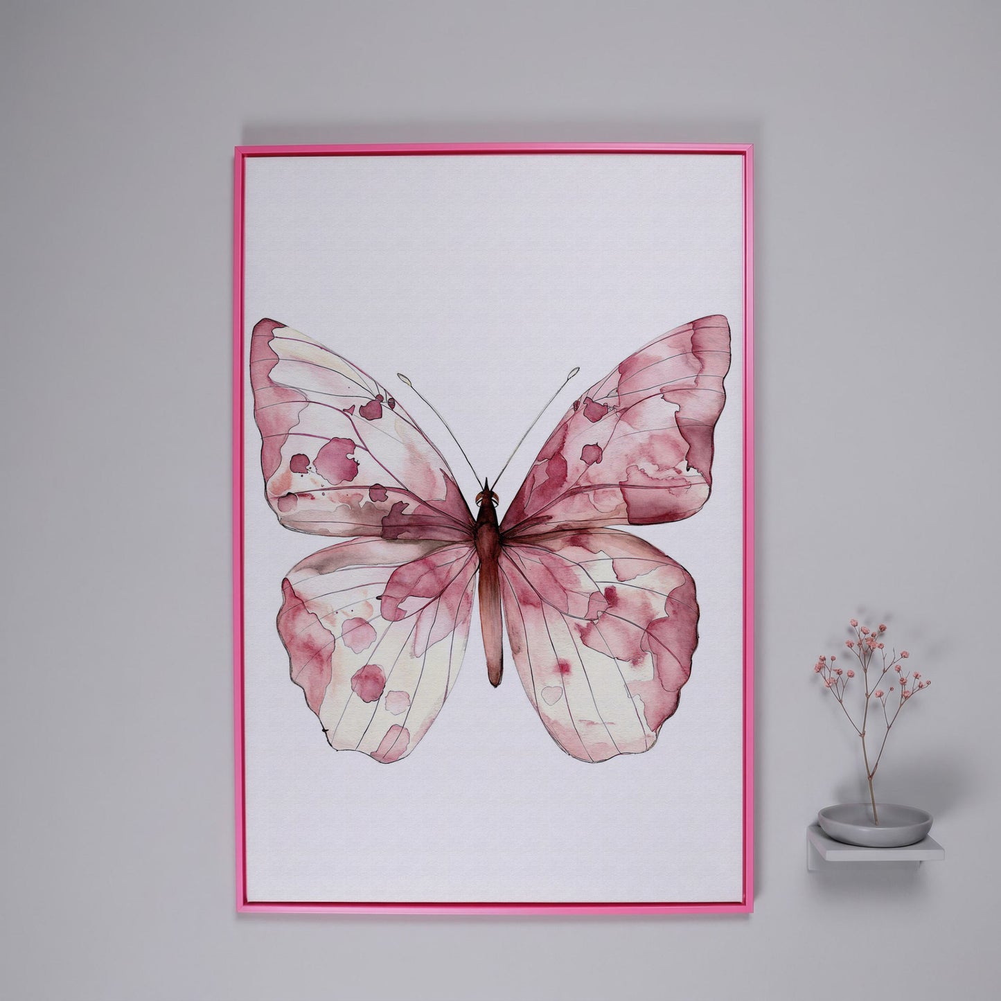 Butterfly Watercolor Canvas in Rose Quartz and Off-White in pink floating frame