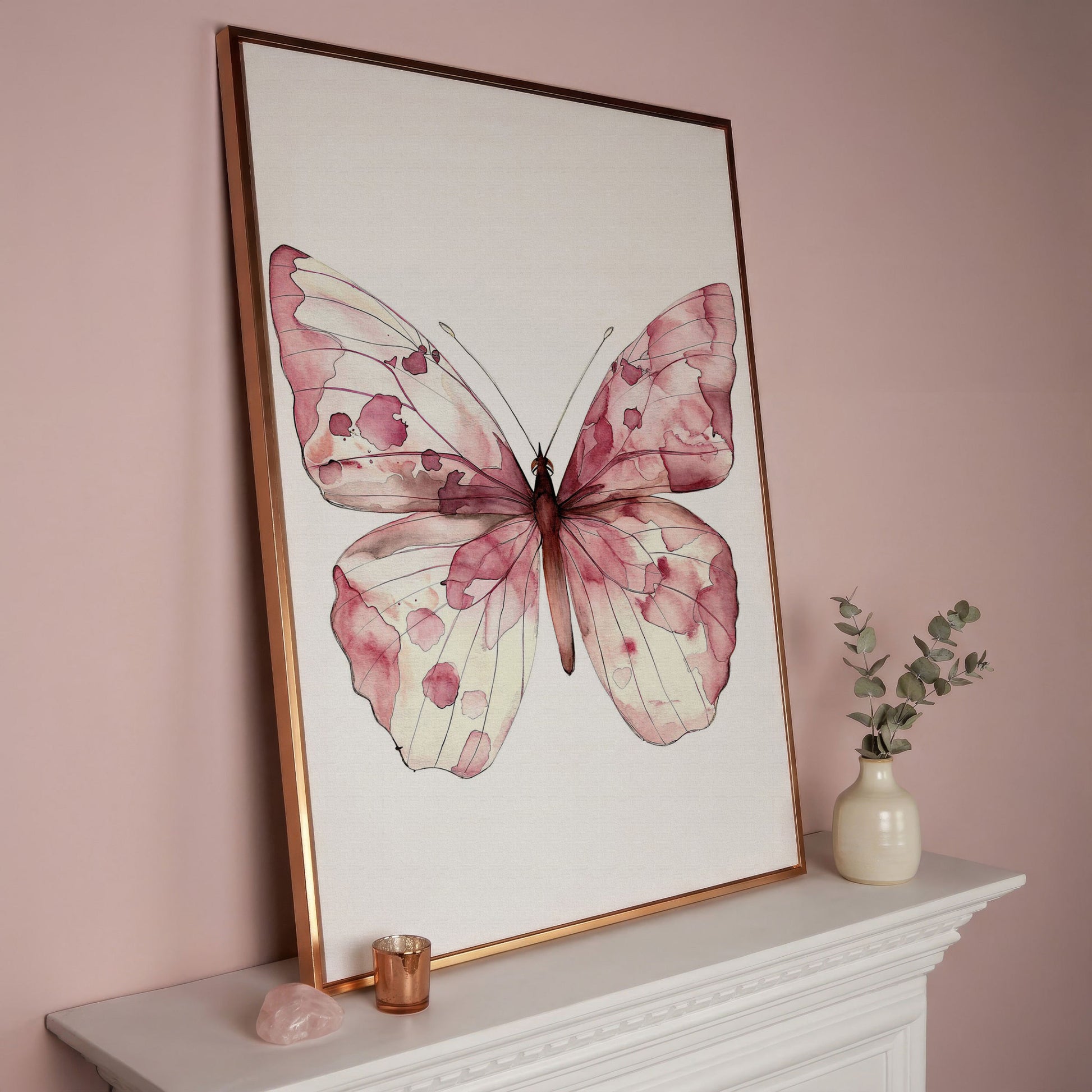 Butterfly Watercolor Canvas in Rose Quartz and Off-White in rose gold floating frame
