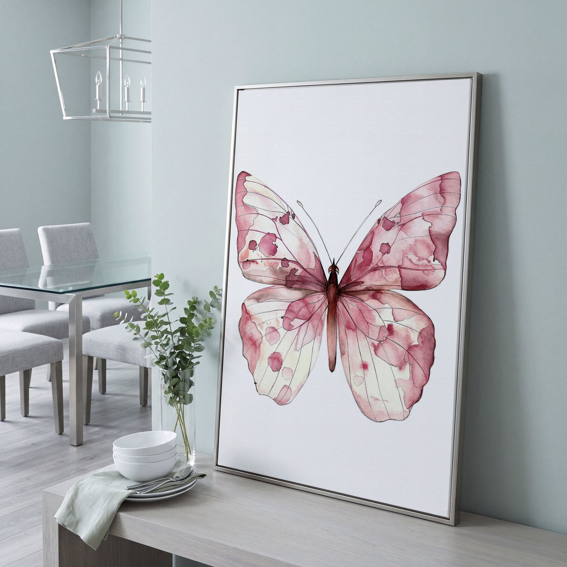 Butterfly Watercolor Canvas in Rose Quartz and Off-White in silver floating frame