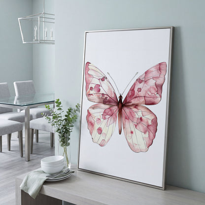 Butterfly Watercolor Canvas in Rose Quartz and Off-White in silver floating frame
