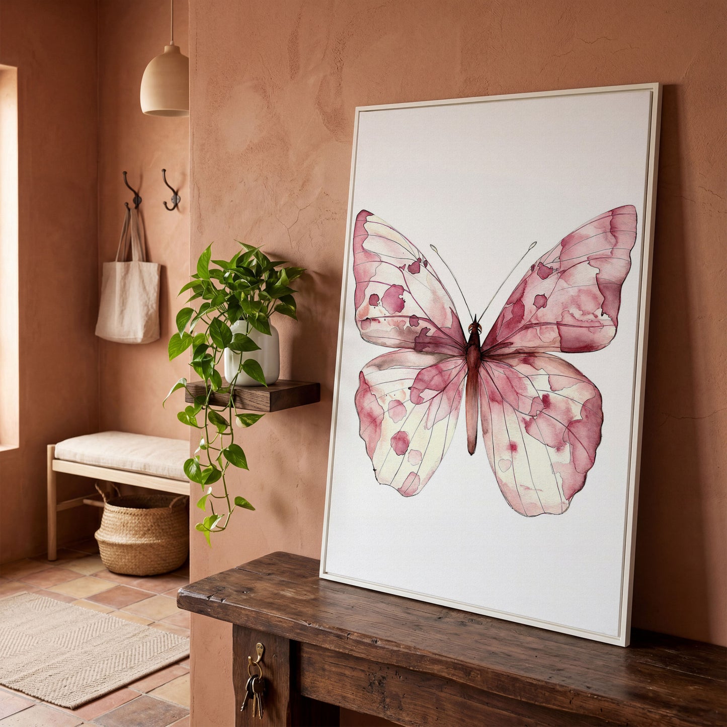 Butterfly Watercolor Canvas in Rose Quartz and Off-White in white floating frame