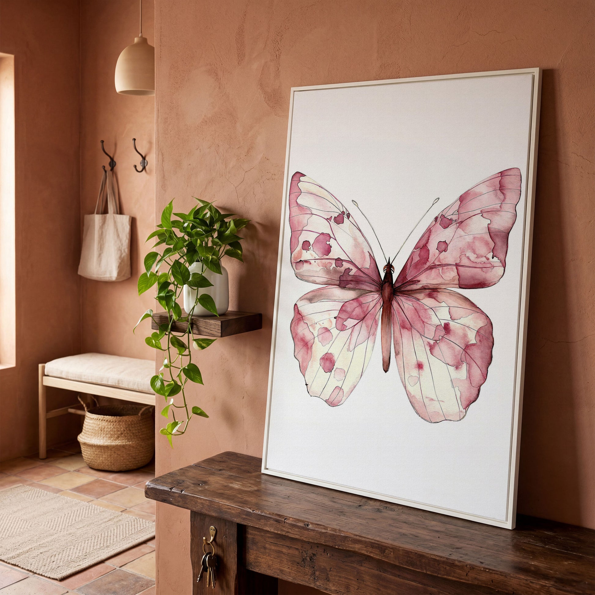 Butterfly Watercolor Canvas in Rose Quartz and Off-White in white floating frame
