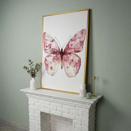 Butterfly Watercolor Canvas in Rose Quartz and Off-White in yellow gold floating frame
