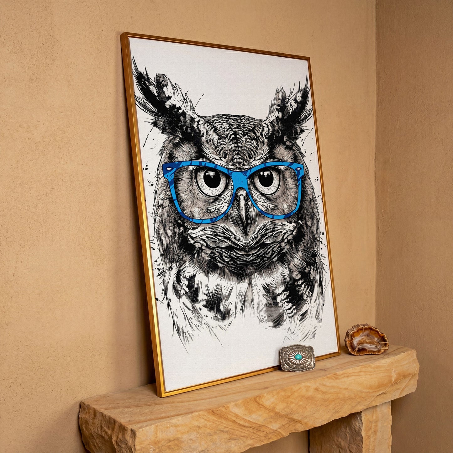 Owl in Blue Glasses Portrait Canvas Art in antique gold floating frame