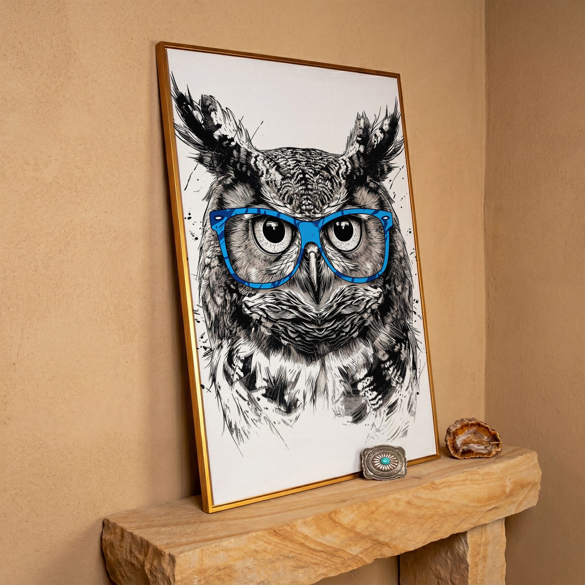Owl in Blue Glasses Portrait Canvas Art in antique gold floating frame