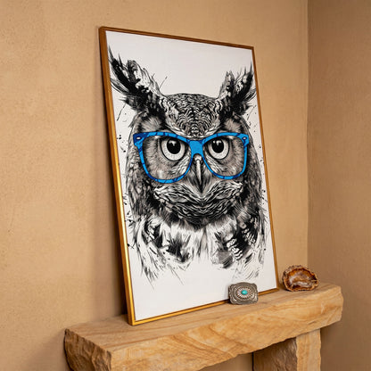 Owl in Blue Glasses Portrait Canvas Art in antique gold floating frame
