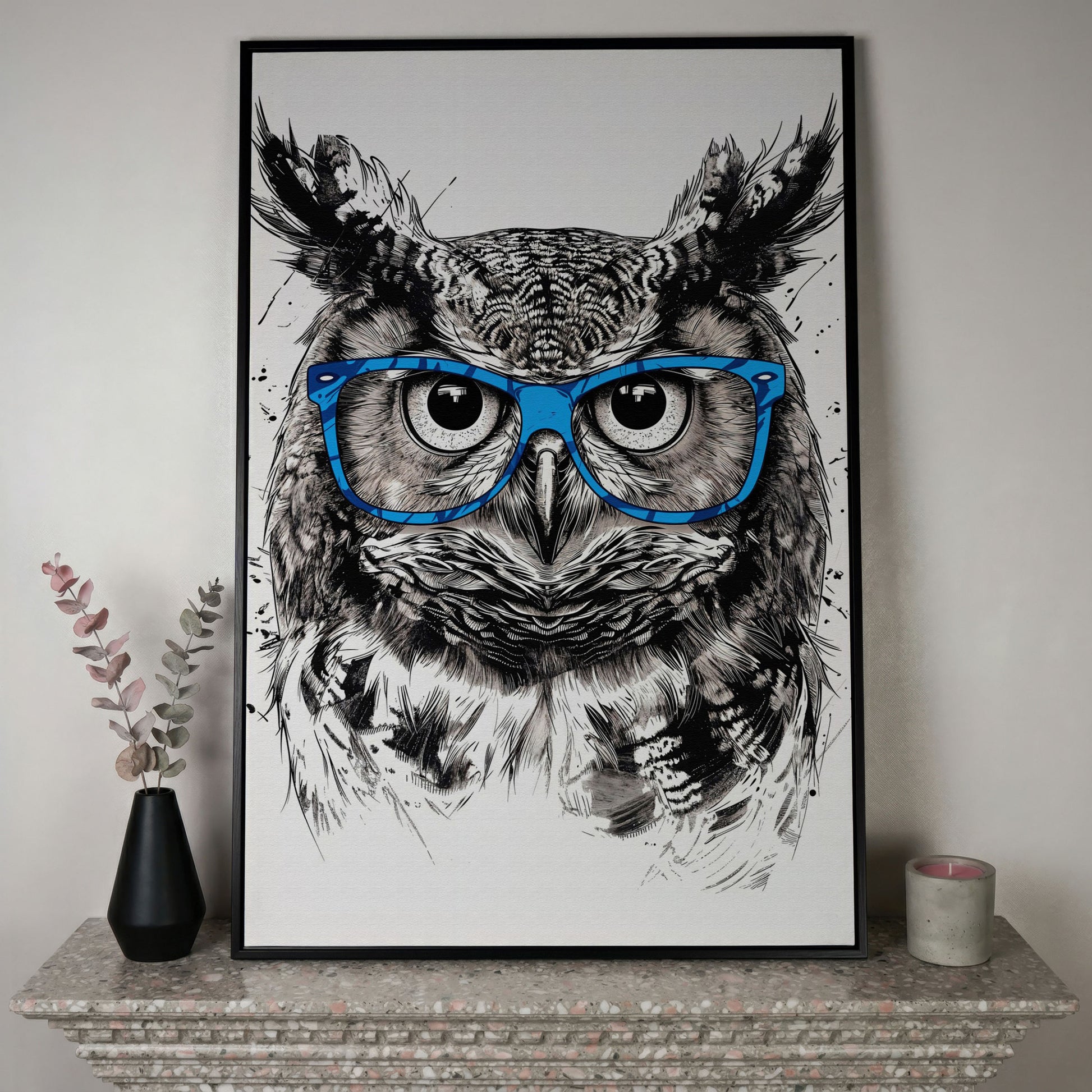 Owl in Blue Glasses Portrait Canvas Art in black floating frame