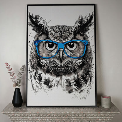 Owl in Blue Glasses Portrait Canvas Art in black floating frame