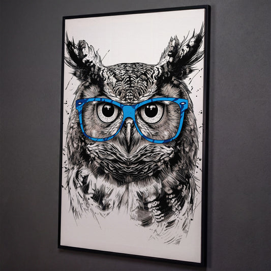 Owl in Blue Glasses Portrait Canvas Art shown in black floating frame