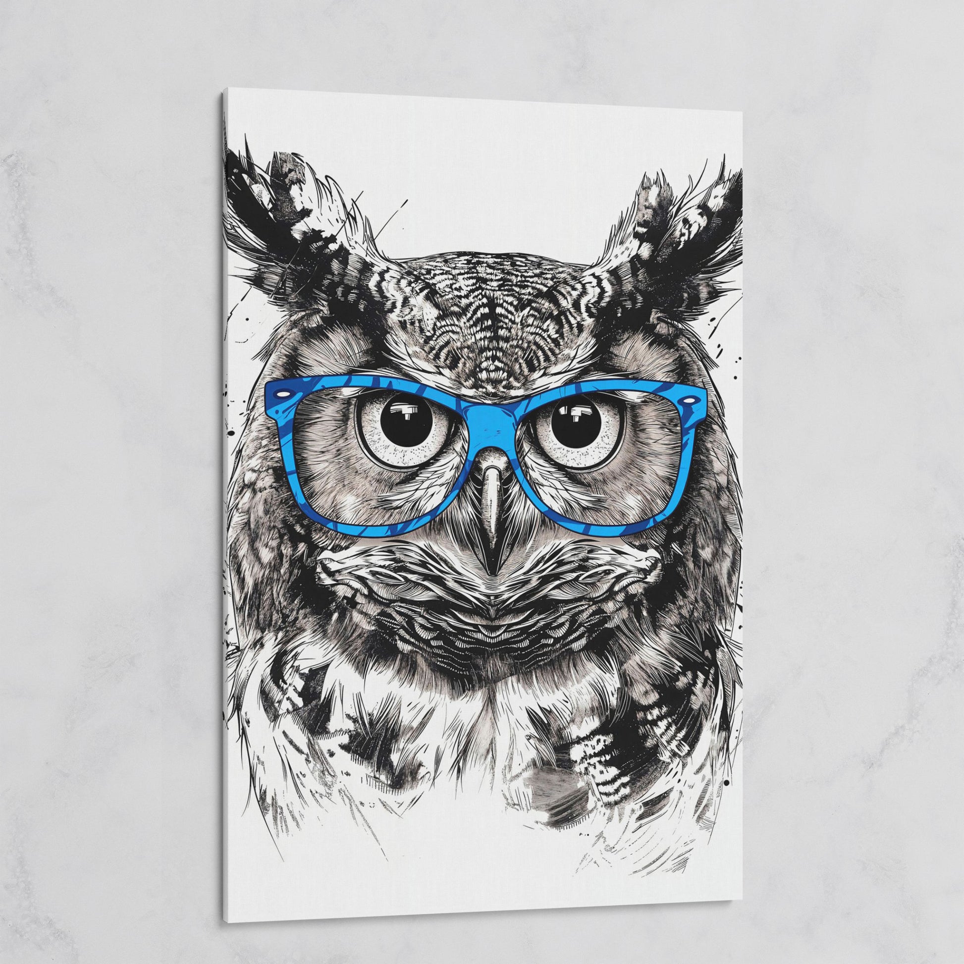 Owl in Blue Glasses Portrait Canvas Art on gallery wrap