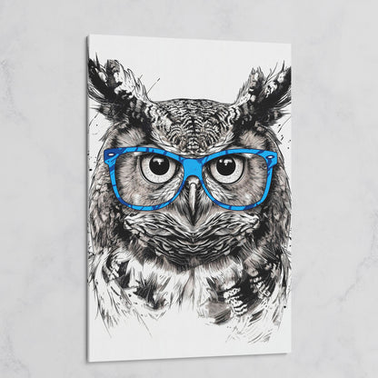 Owl in Blue Glasses Portrait Canvas Art on gallery wrap