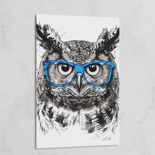 Owl in Blue Glasses Portrait Canvas Art on gallery wrap