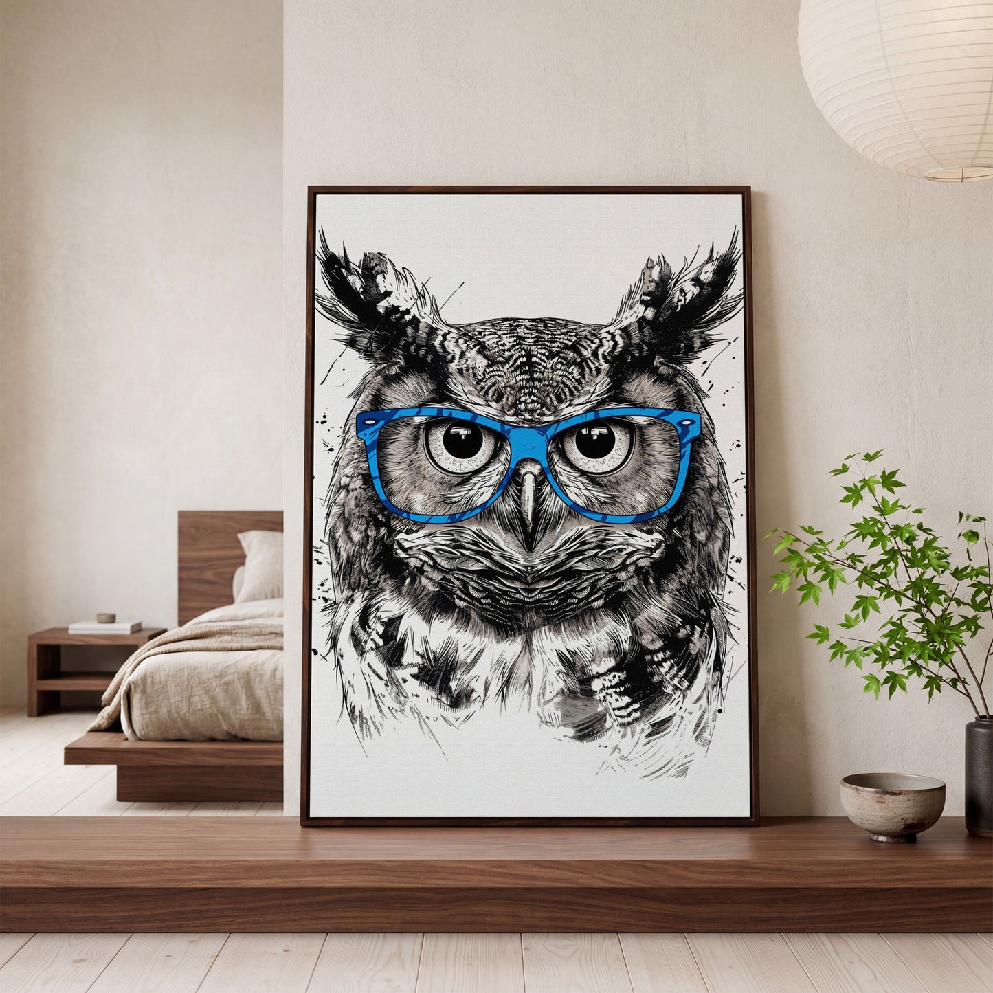 Owl in Blue Glasses Portrait Canvas Art in dark walnut floating frame