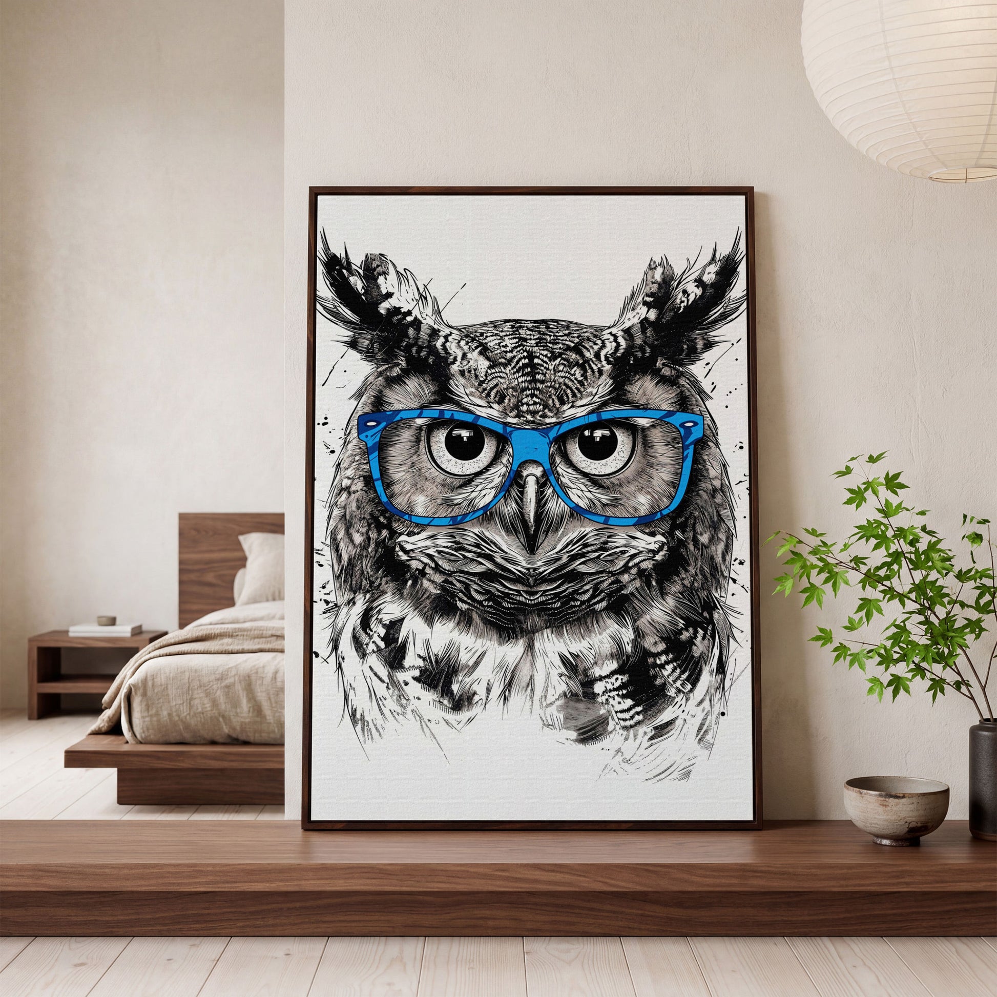 Owl in Blue Glasses Portrait Canvas Art in dark walnut floating frame