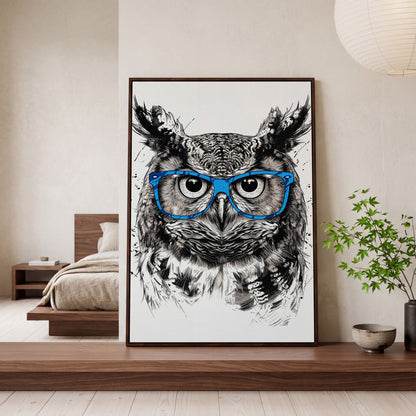 Owl in Blue Glasses Portrait Canvas Art in dark walnut floating frame
