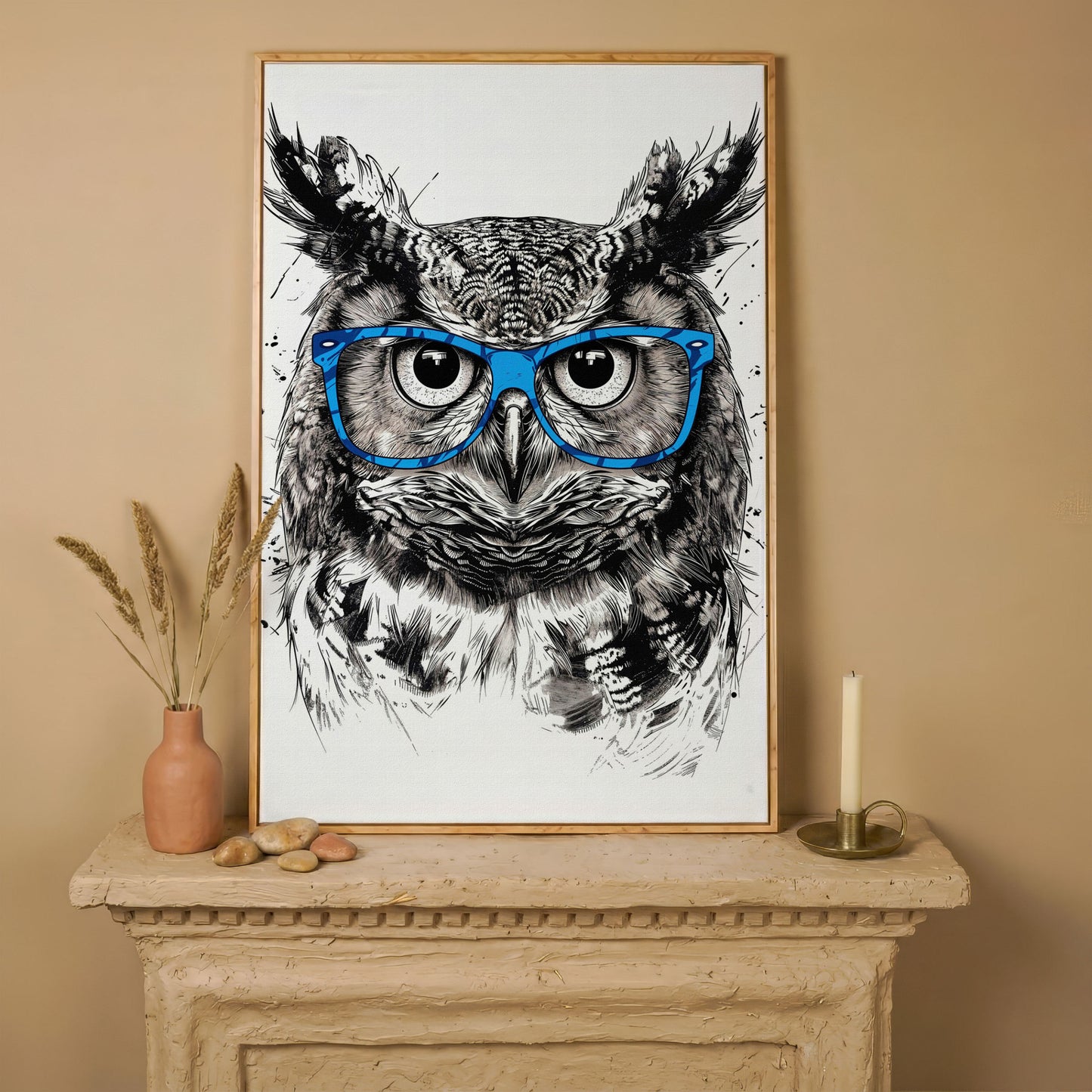 Owl in Blue Glasses Portrait Canvas Art in white oak floating frame
