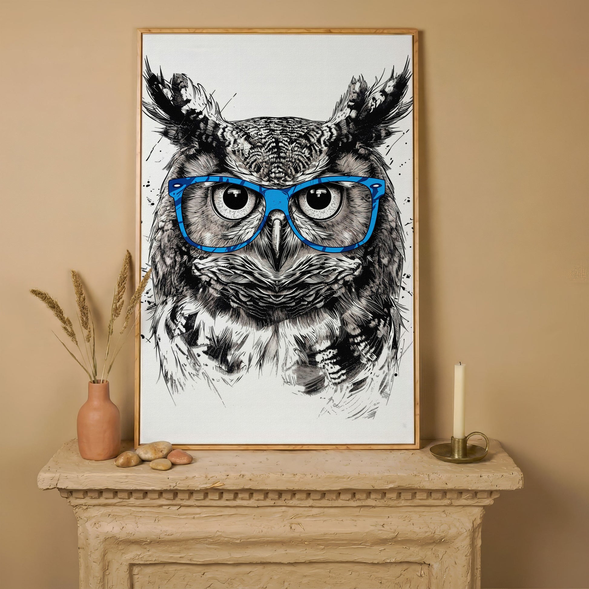 Owl in Blue Glasses Portrait Canvas Art in white oak floating frame