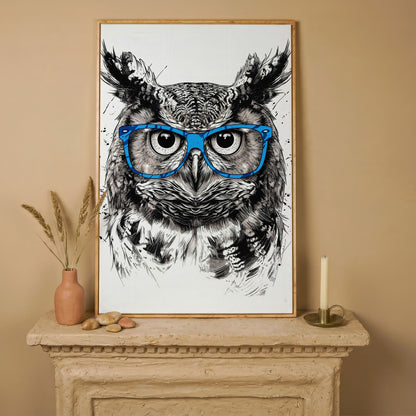 Owl in Blue Glasses Portrait Canvas Art in white oak floating frame