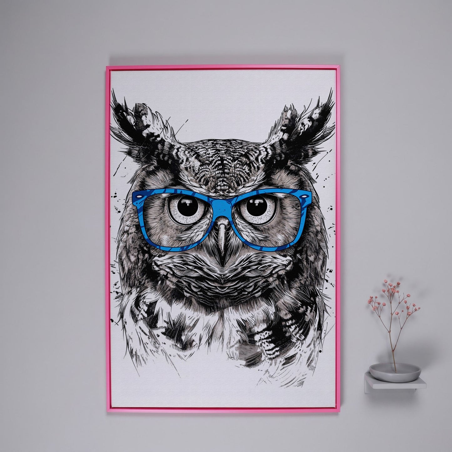 Owl in Blue Glasses Portrait Canvas Art in pink floating frame