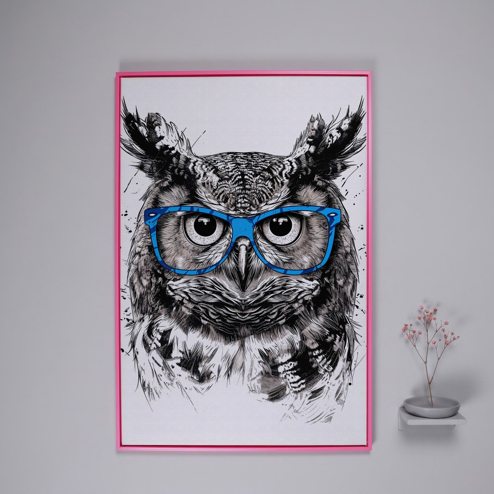 Owl in Blue Glasses Portrait Canvas Art in pink floating frame