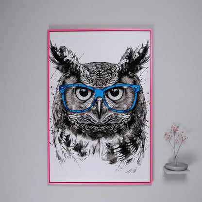 Owl in Blue Glasses Portrait Canvas Art in pink floating frame