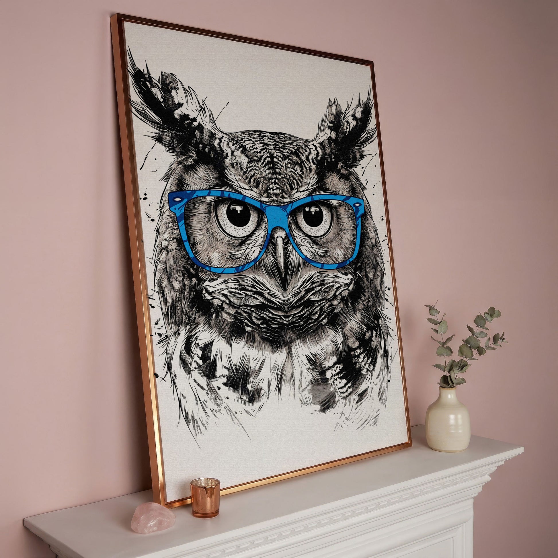 Owl in Blue Glasses Portrait Canvas Art in rose gold floating frame