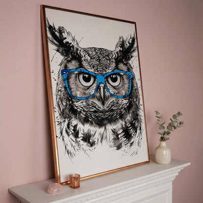 Owl in Blue Glasses Portrait Canvas Art in rose gold floating frame
