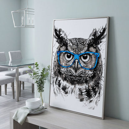 Owl in Blue Glasses Portrait Canvas Art in silver floating frame