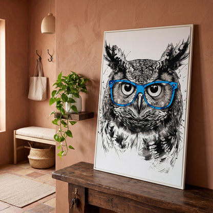 Owl in Blue Glasses Portrait Canvas Art in white floating frame