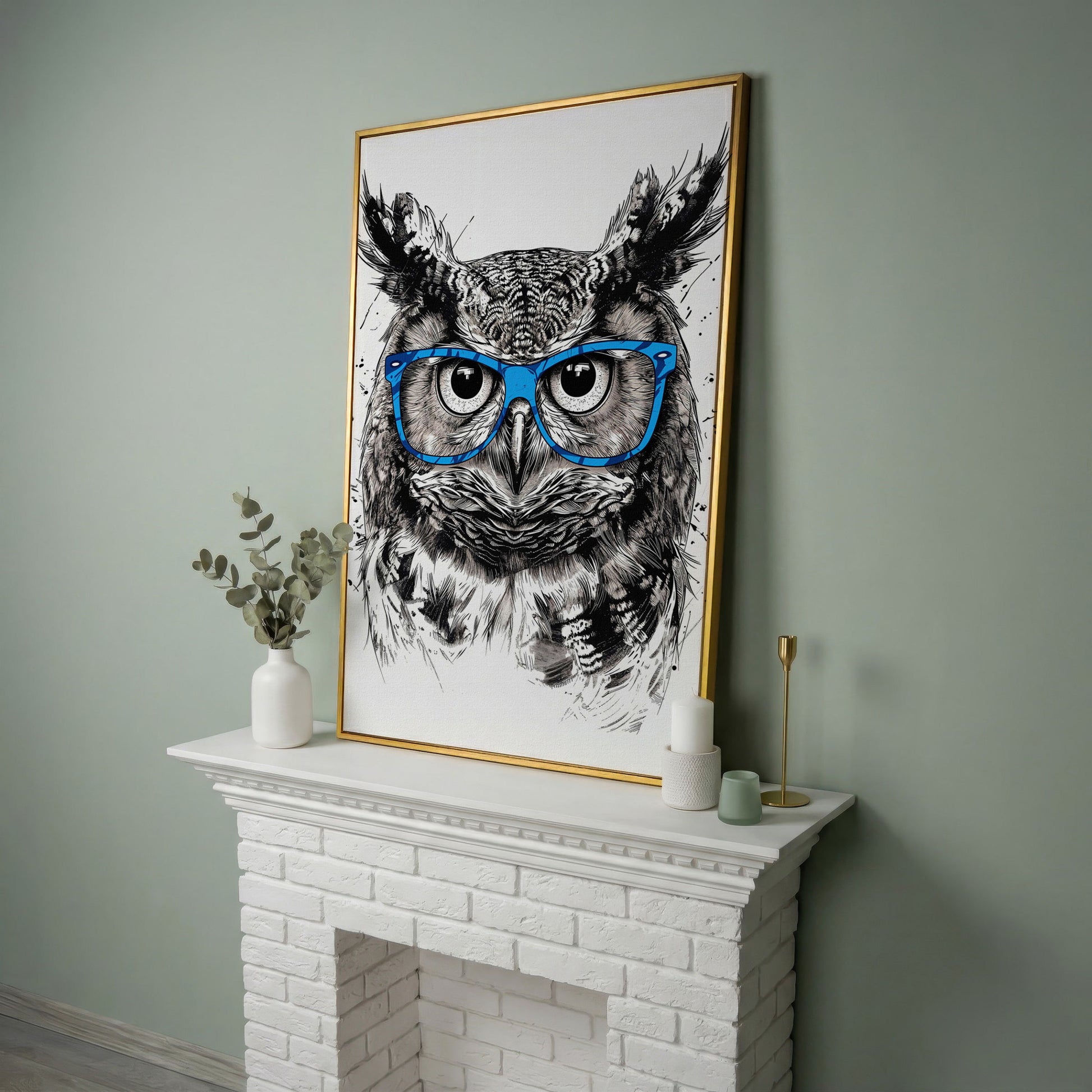 Owl in Blue Glasses Portrait Canvas Art in yellow gold floating frame