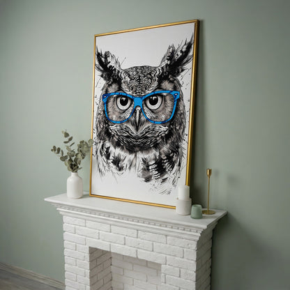 Owl in Blue Glasses Portrait Canvas Art in yellow gold floating frame