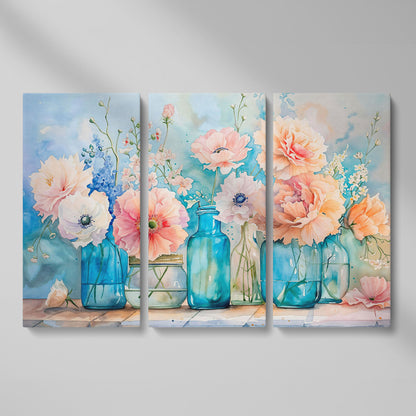 Floral Still Life in Glass Vases, Watercolor-Style Canvas Art as 3-panel split version