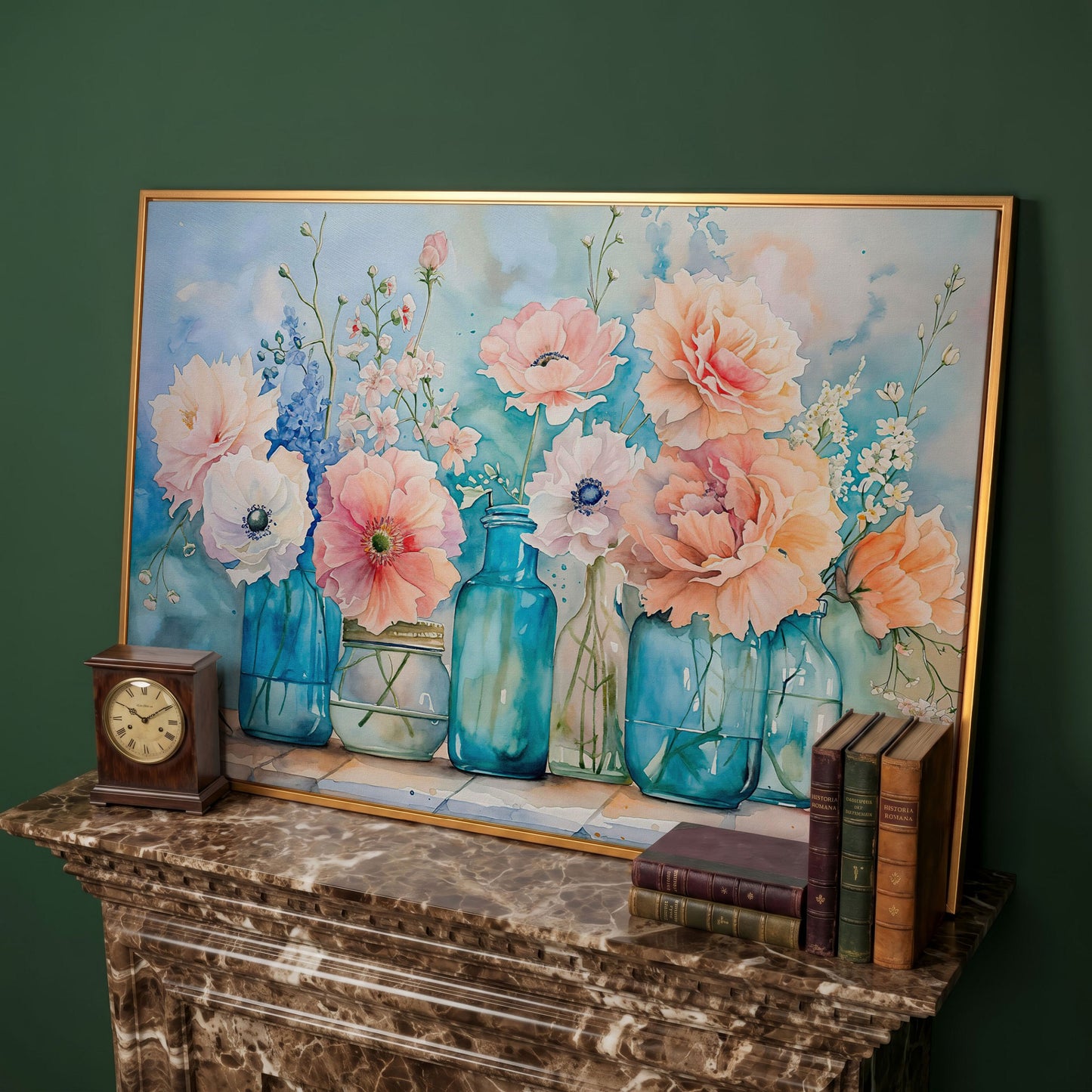Floral Still Life in Glass Vases, Watercolor-Style Canvas Art in antique gold floating frame