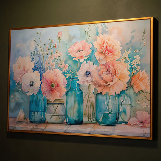 Floral Still Life in Glass Vases, Watercolor-Style Canvas Art shown in antique gold floating frame