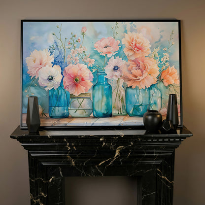 Floral Still Life in Glass Vases, Watercolor-Style Canvas Art in black floating frame