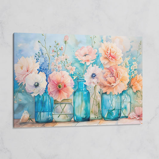 Floral Still Life in Glass Vases, Watercolor-Style Canvas Art on gallery wrap