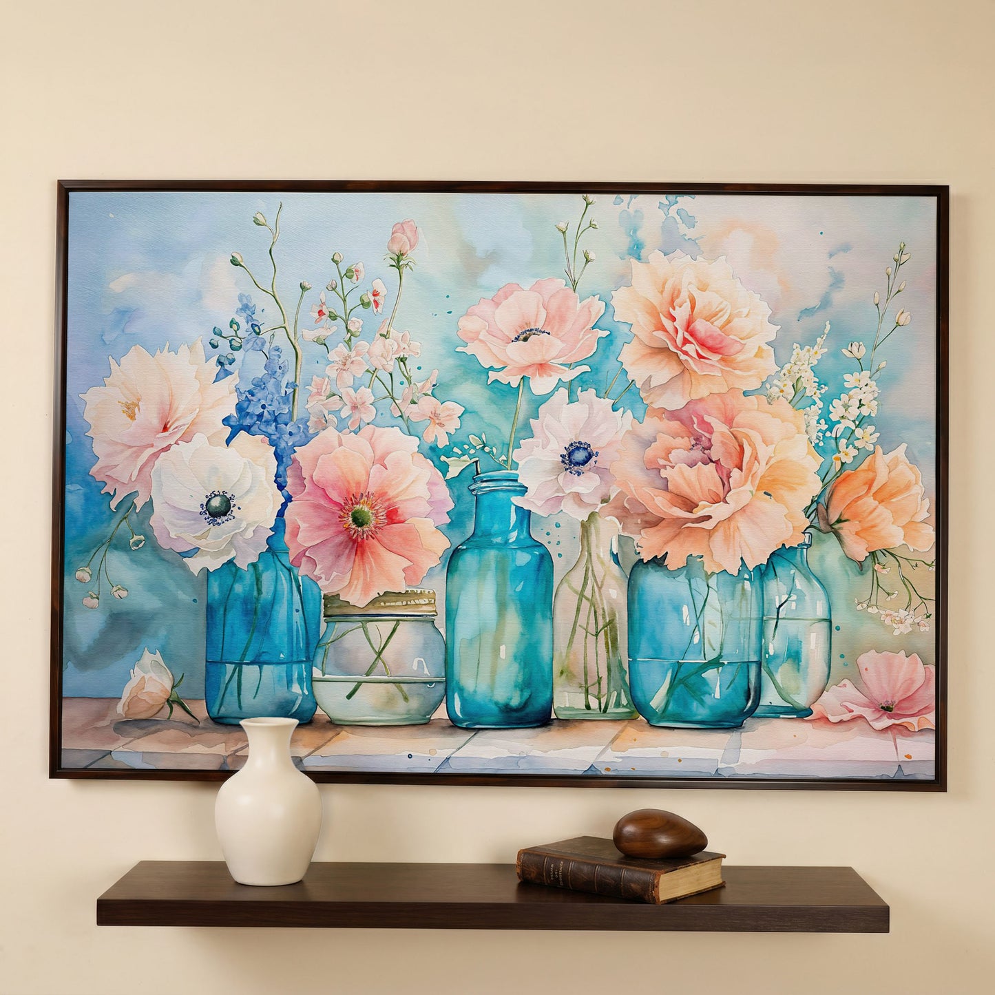 Floral Still Life in Glass Vases, Watercolor-Style Canvas Art in dark walnut floating frame