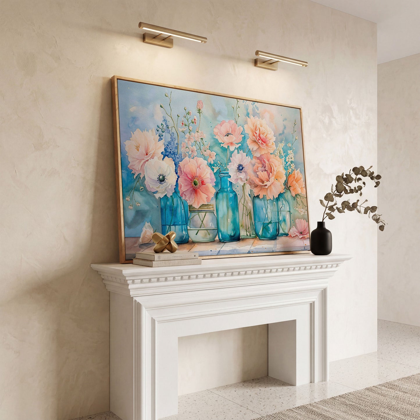 Floral Still Life in Glass Vases, Watercolor-Style Canvas Art in white oak floating frame