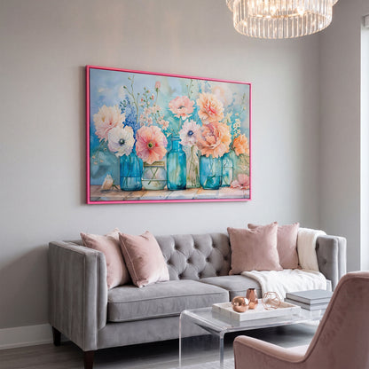 Floral Still Life in Glass Vases, Watercolor-Style Canvas Art in pink floating frame