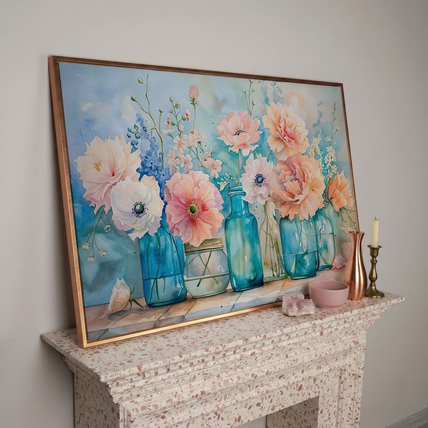 Floral Still Life in Glass Vases, Watercolor-Style Canvas Art in rose gold floating frame