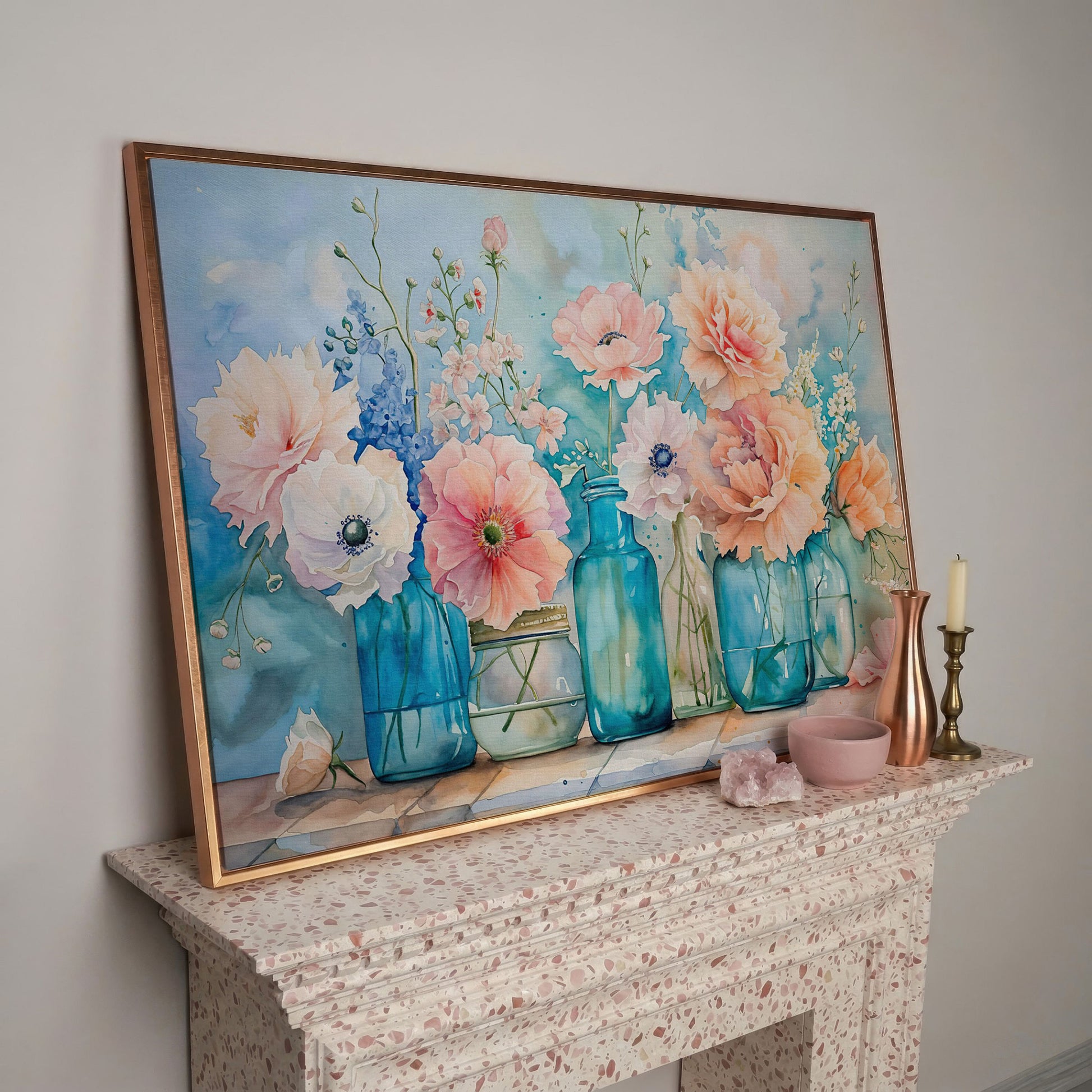 Floral Still Life in Glass Vases, Watercolor-Style Canvas Art in rose gold floating frame