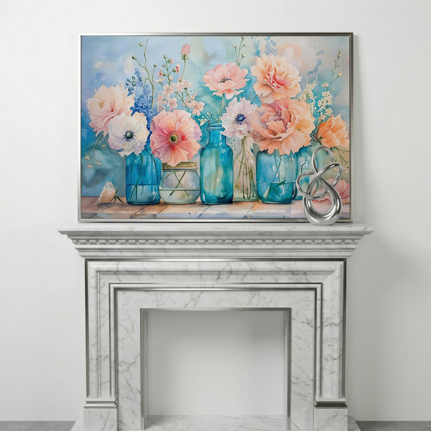 Floral Still Life in Glass Vases, Watercolor-Style Canvas Art in silver floating frame
