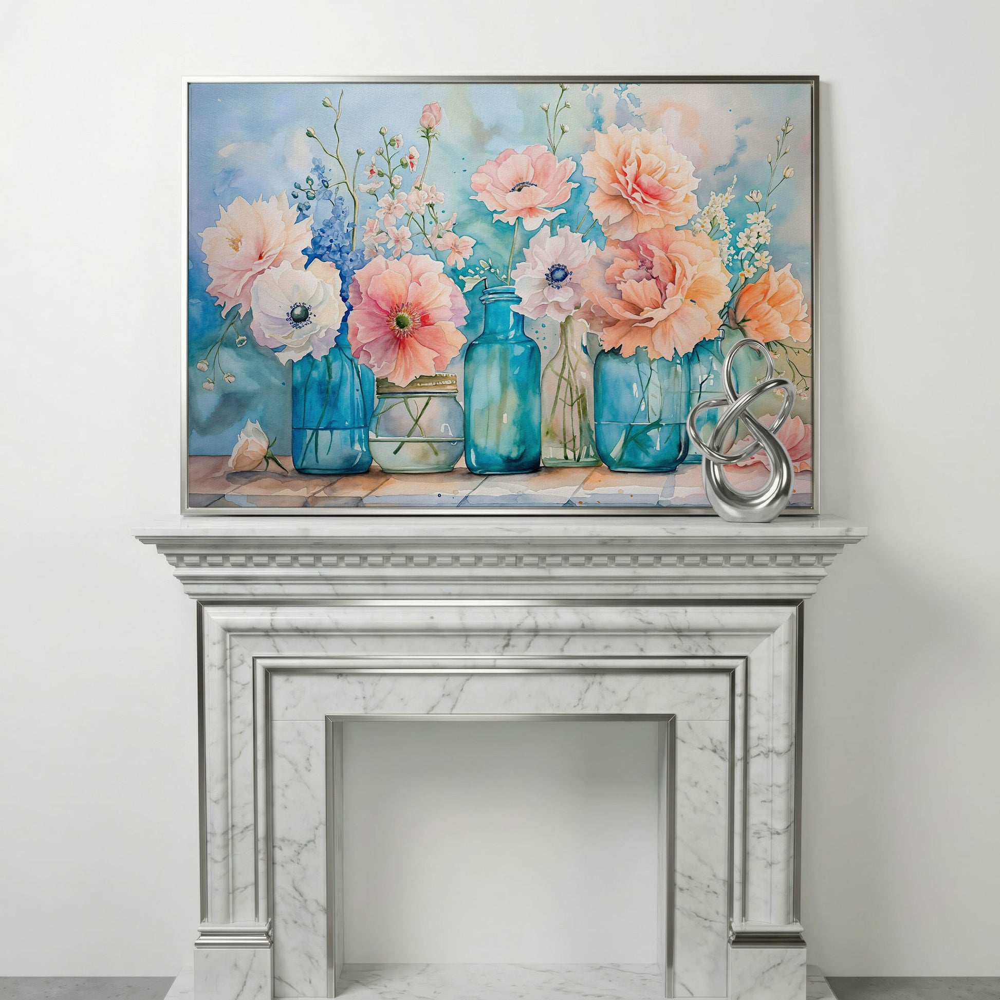 Floral Still Life in Glass Vases, Watercolor-Style Canvas Art in silver floating frame