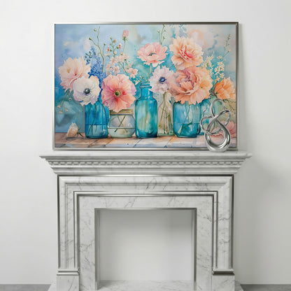 Floral Still Life in Glass Vases, Watercolor-Style Canvas Art in silver floating frame