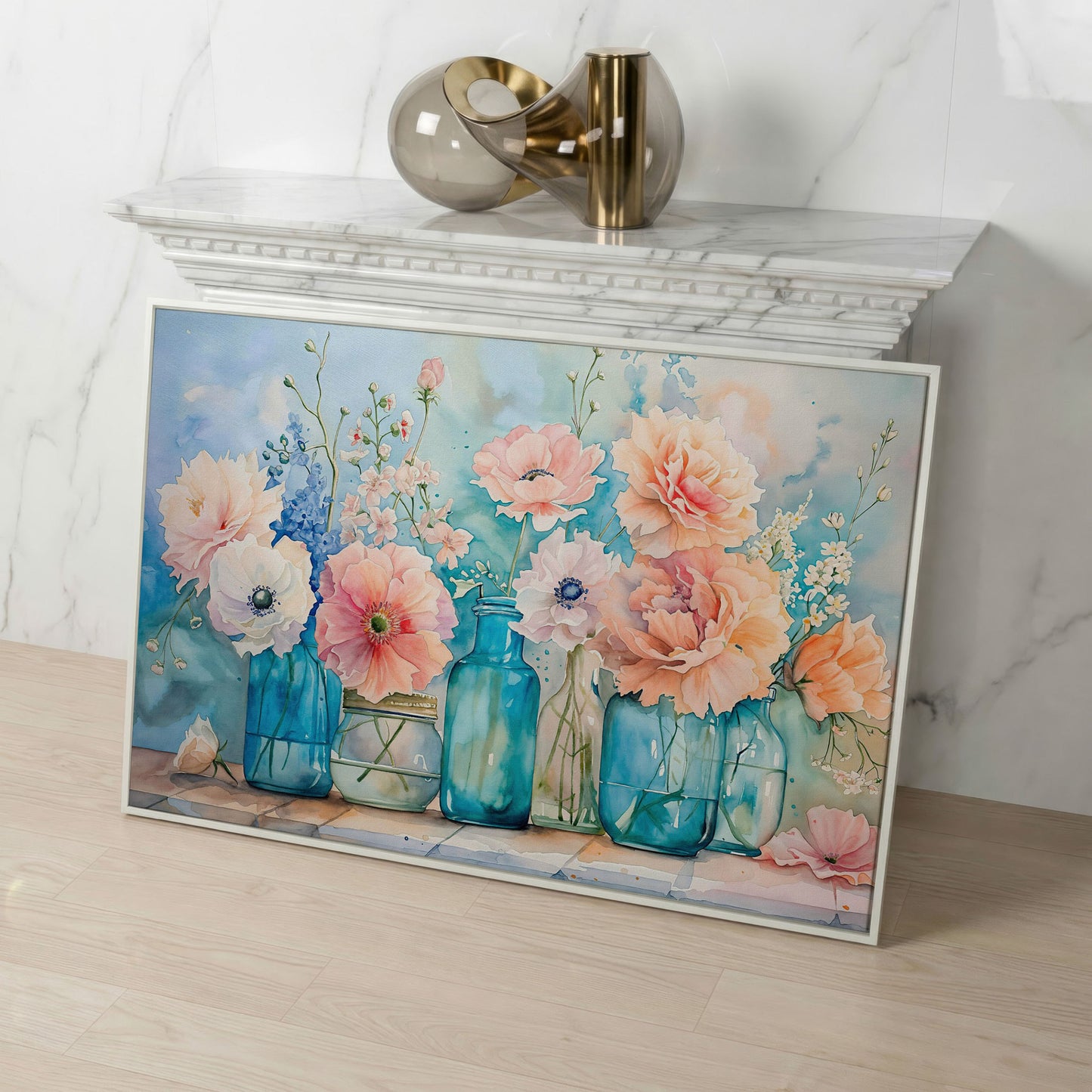 Floral Still Life in Glass Vases, Watercolor-Style Canvas Art in white floating frame