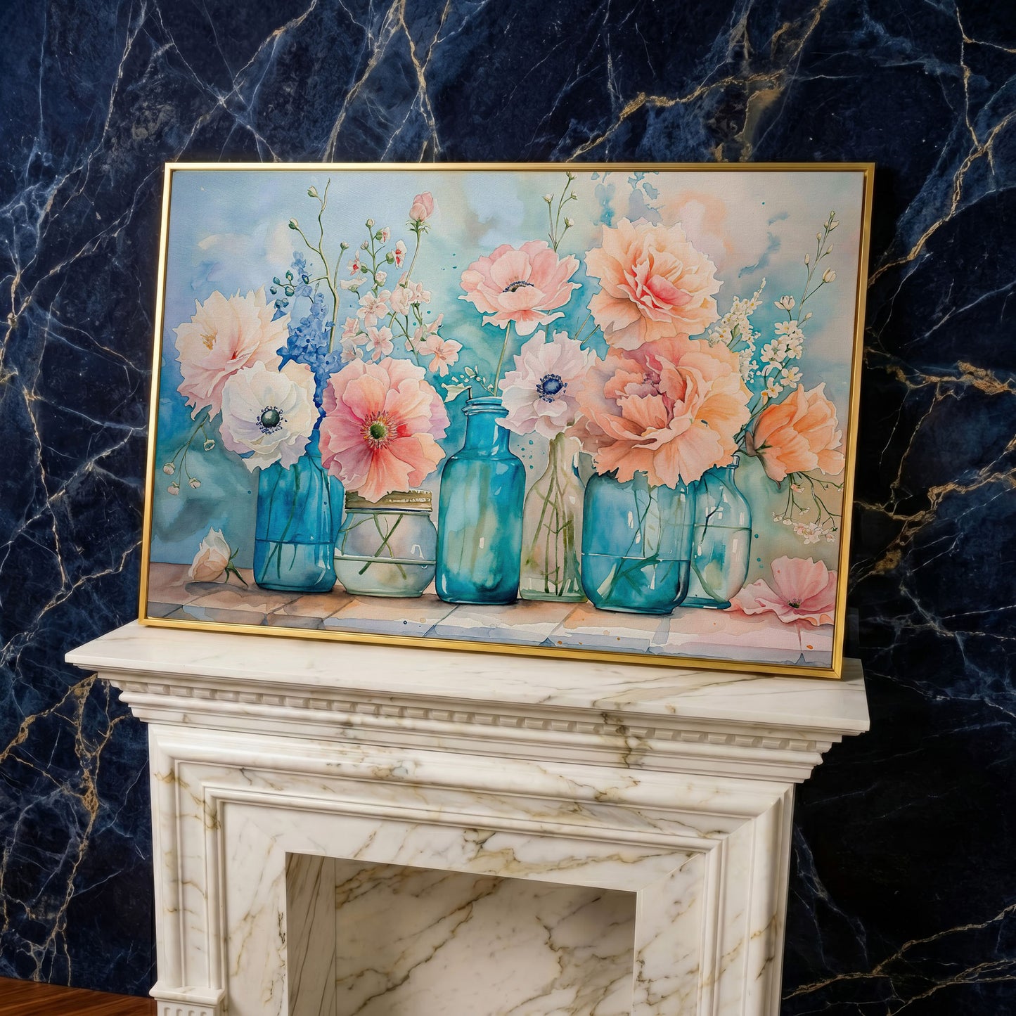 Floral Still Life in Glass Vases, Watercolor-Style Canvas Art in yellow gold floating frame