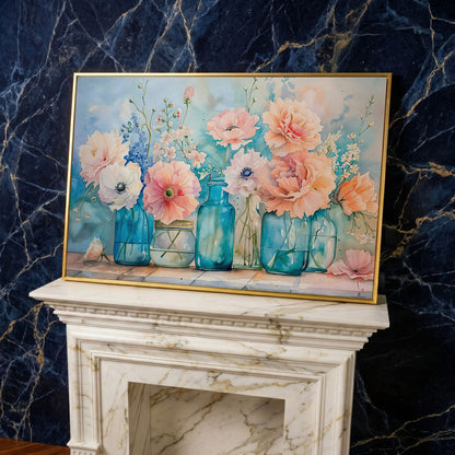 Floral Still Life in Glass Vases, Watercolor-Style Canvas Art in yellow gold floating frame