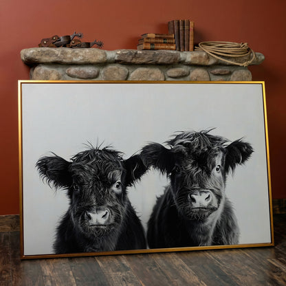 Two Highland Calves Face-On, Black and White Canvas Art in antique gold floating frame
