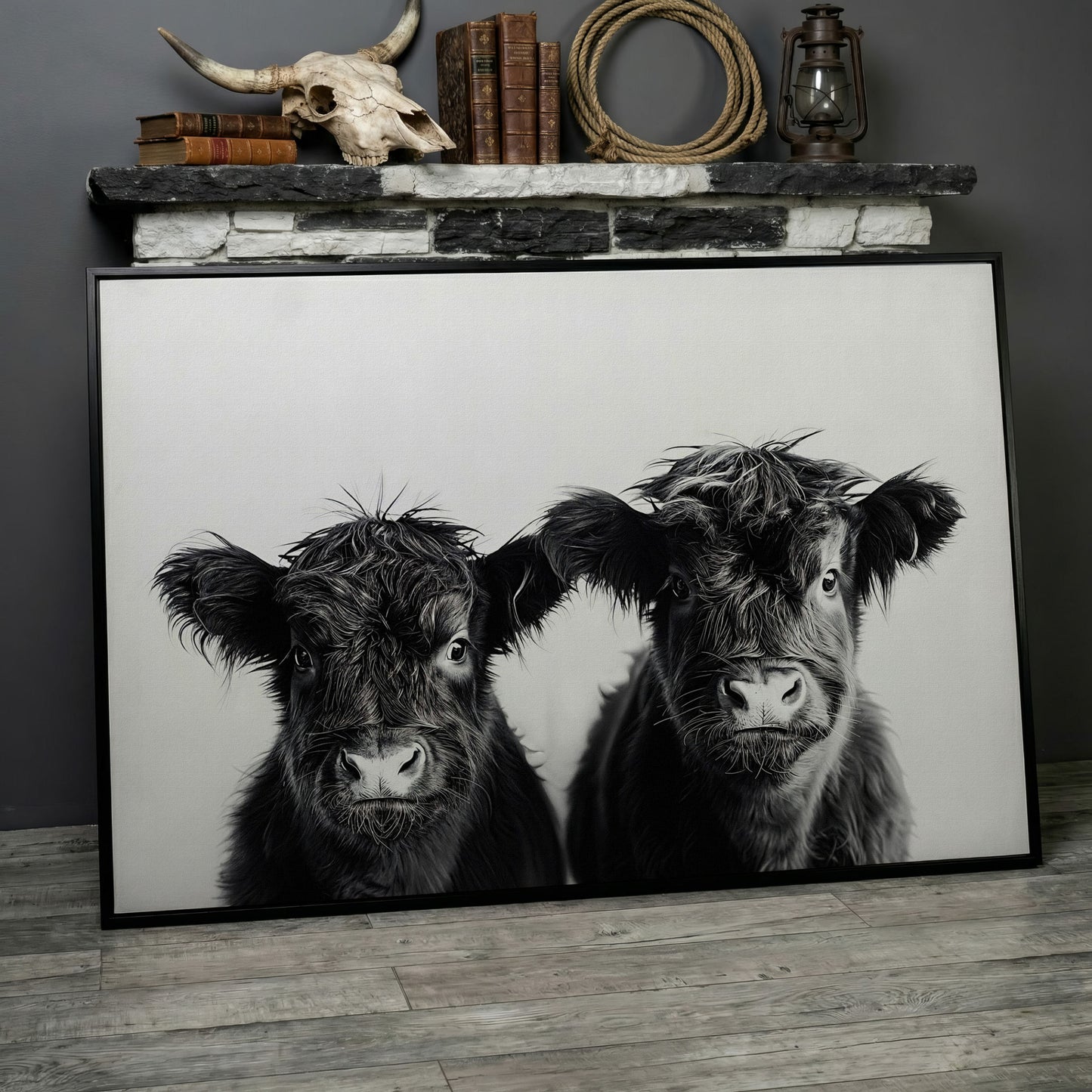 Two Highland Calves Face-On, Black and White Canvas Art in black floating frame